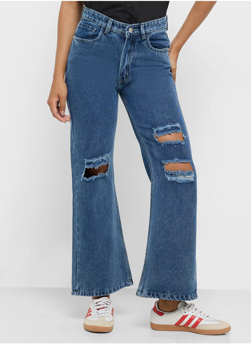 جينجر Ripped High Rise Wide Leg Jeans