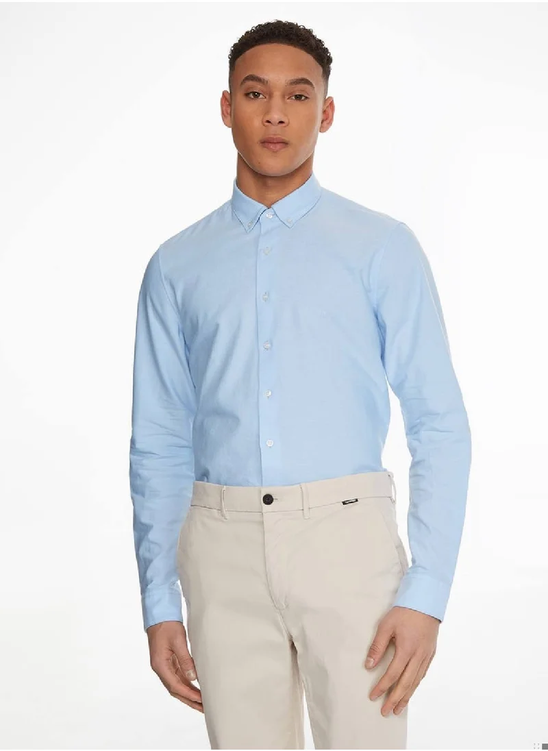 CALVIN KLEIN Men's Long Sleeved Tailored Shirt - Oxford Cotton, Blue