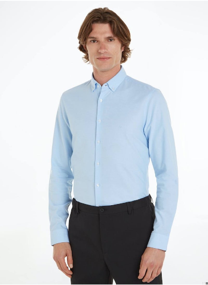 CALVIN KLEIN Men's Long Sleeved Tailored Shirt - Oxford Cotton, Blue  - Image 1