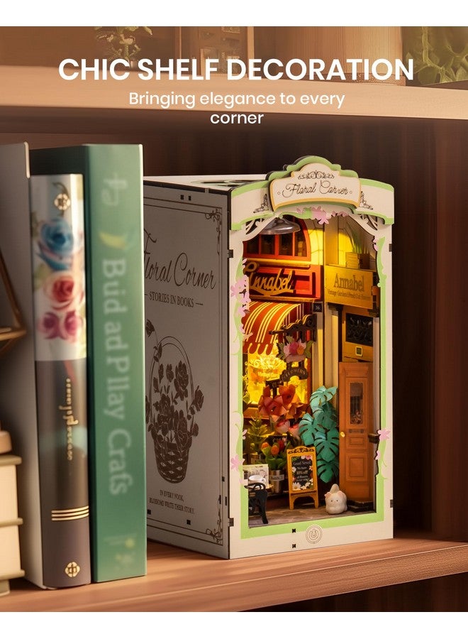 RoWood Book Nook,Booknook Diy Kit With Dust Cover,3D Wooden Puzzle Decorative Bookend Miniature Dollhouse Kit Bookshelf Insert Decor,Crafts For Adults Teens On Birthday Christmas -Floral Corner - Image 3