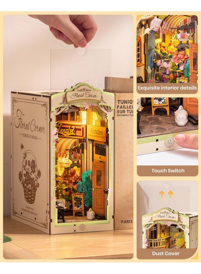 RoWood Book Nook,Booknook Diy Kit With Dust Cover,3D Wooden Puzzle Decorative Bookend Miniature Dollhouse Kit Bookshelf Insert Decor,Crafts For Adults Teens On Birthday Christmas -Floral Corner - Image 4