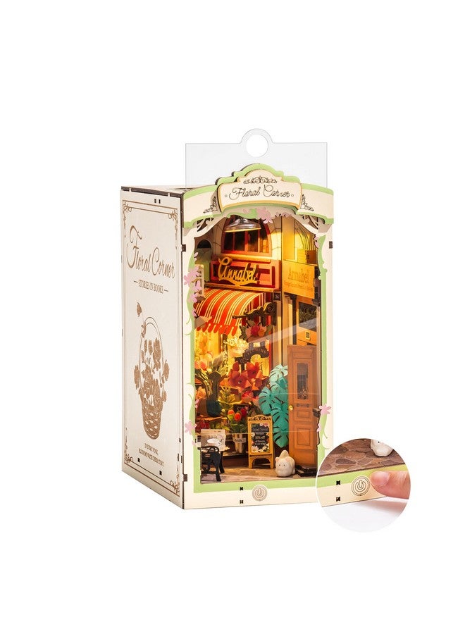 RoWood Book Nook,Booknook Diy Kit With Dust Cover,3D Wooden Puzzle Decorative Bookend Miniature Dollhouse Kit Bookshelf Insert Decor,Crafts For Adults Teens On Birthday Christmas -Floral Corner - Image 1