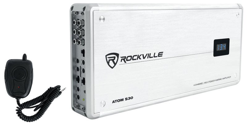 Rockville Atom S30 2400W 4Channel Marine Amplifier 24 Ohm Voltmeter PA Mic for Boats and Marine Audio Systems