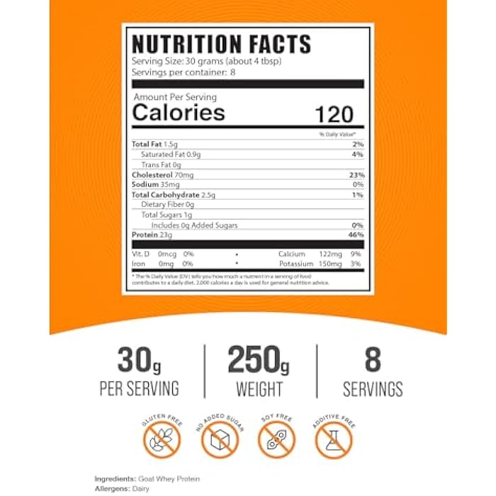 BulkSupplements.com Goat Milk Whey Protein Concentrate Powder - Goat Whey Protein Powder, Unflavored & Gluten Free, 30g per Serving, 250g (8.8 oz) (Pack of 1) - Image 2