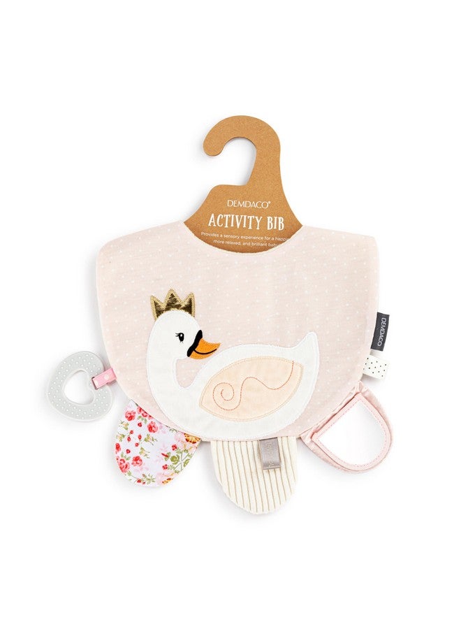 ديمداكو مريلة أنشطة للأطفال من ديمداكو، مقاس 11.5 × 10 بوصة، قماش ملون، محكم، لمسة، حلقة تسنين، تغذية، لون وردي، تصميم بجعة - Image 1