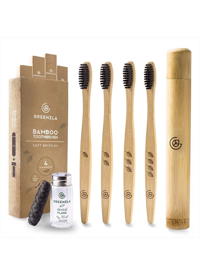 GREENZLA Bamboo Toothbrush (4 Pack) with Travel Case & Charcoal Dental Floss | BPA Free Soft Bristles | Eco-Friendly, Natural Bamboo Toothbrush Set | Biodegradable & Compostable Wooden Toothbrushes  - Image 1