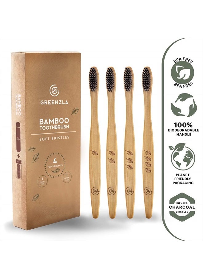 GREENZLA Bamboo Toothbrush (4 Pack) with Travel Case & Charcoal Dental Floss | BPA Free Soft Bristles | Eco-Friendly, Natural Bamboo Toothbrush Set | Biodegradable & Compostable Wooden Toothbrushes  - Image 2