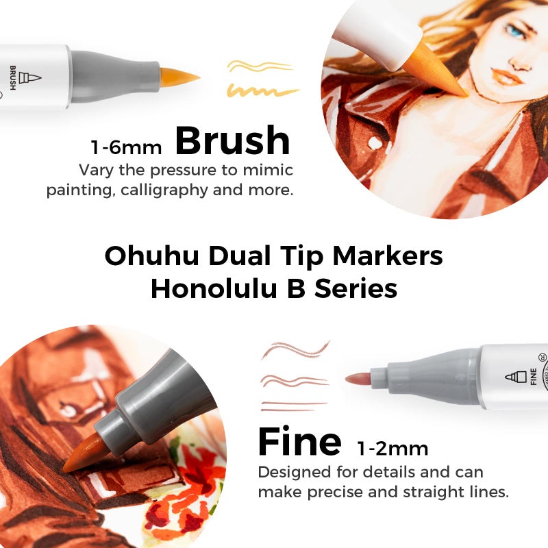 Ohuhu 24 Skin-Tone Colors Alcohol Markers, Sketch Art Marker, Alcohol-based Brush Markers for Kids and Adults' Coloring, Illustration, Comes w/ 1 Colorless Alcohol Marker Blender (Fine & Brush) - Image 3