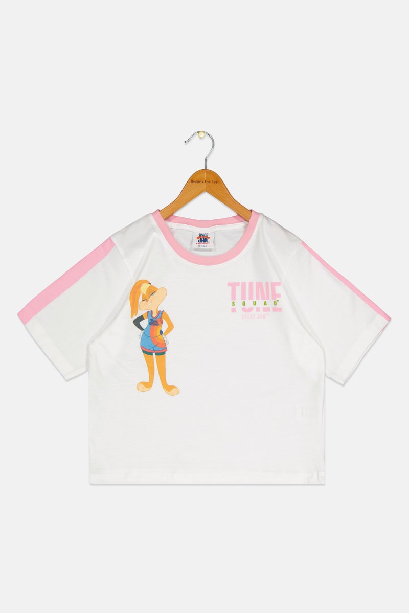 Space Jam تي شيرت قصير الأكمام بطباعة جرافيك للبنات، أبيض - Image 2