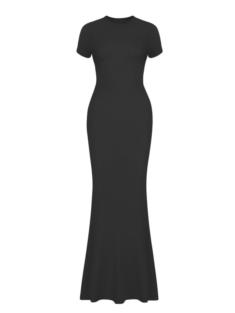 REORIA Women's Summer Sexy Casual Lounge Long Dress Elegant Wedding Guest Short Sleeve Crew Neck Bodycon Maxi Dresses Black Large - Image 5