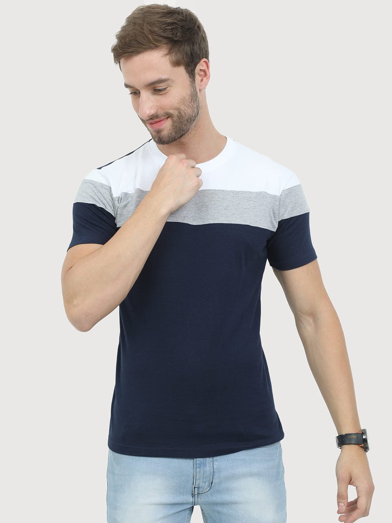 REYA Mens Cotton Half Sleeve Regular fit Round Neck Blue,White T-Shirt (L Size) - Image 3