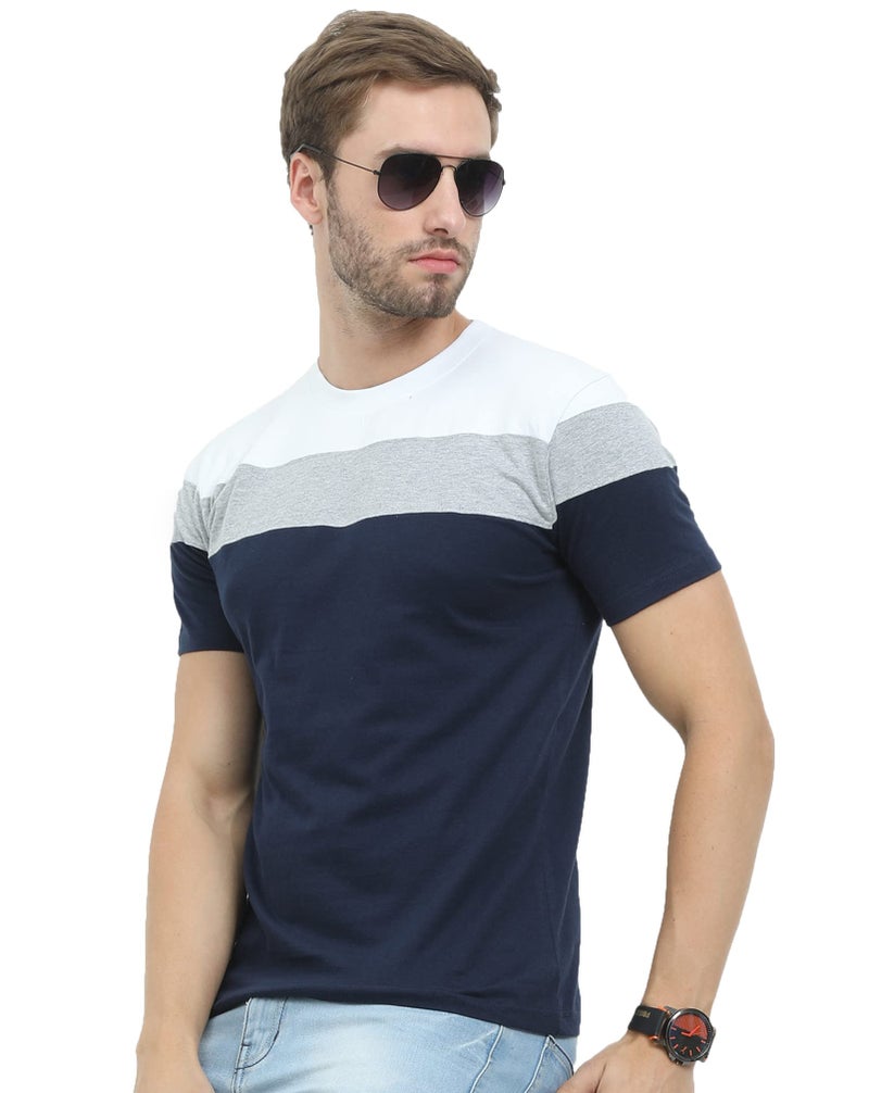 REYA Mens Cotton Half Sleeve Regular fit Round Neck Blue,White T-Shirt (L Size) - Image 1