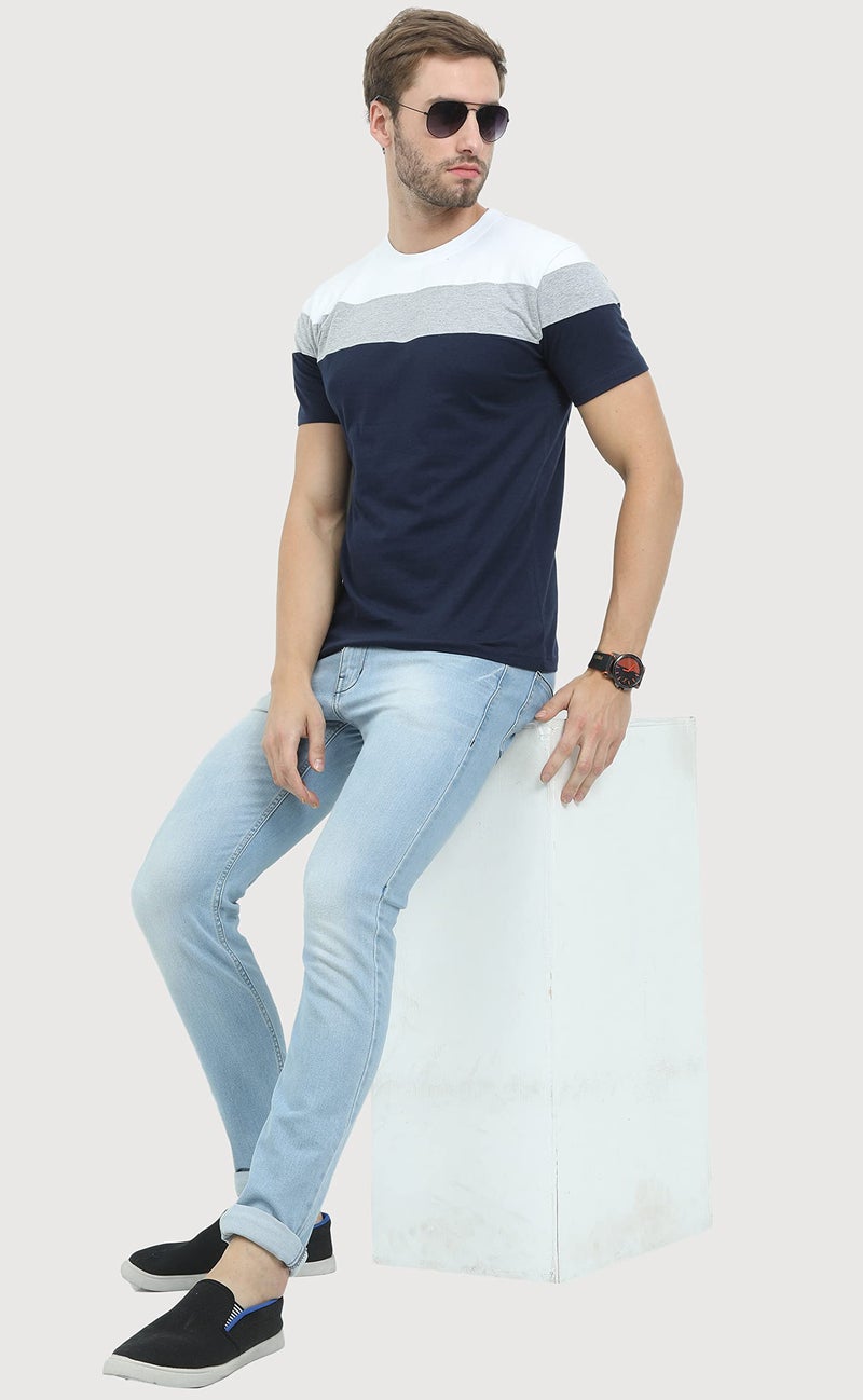 REYA Mens Cotton Half Sleeve Regular fit Round Neck Blue,White T-Shirt (L Size) - Image 5