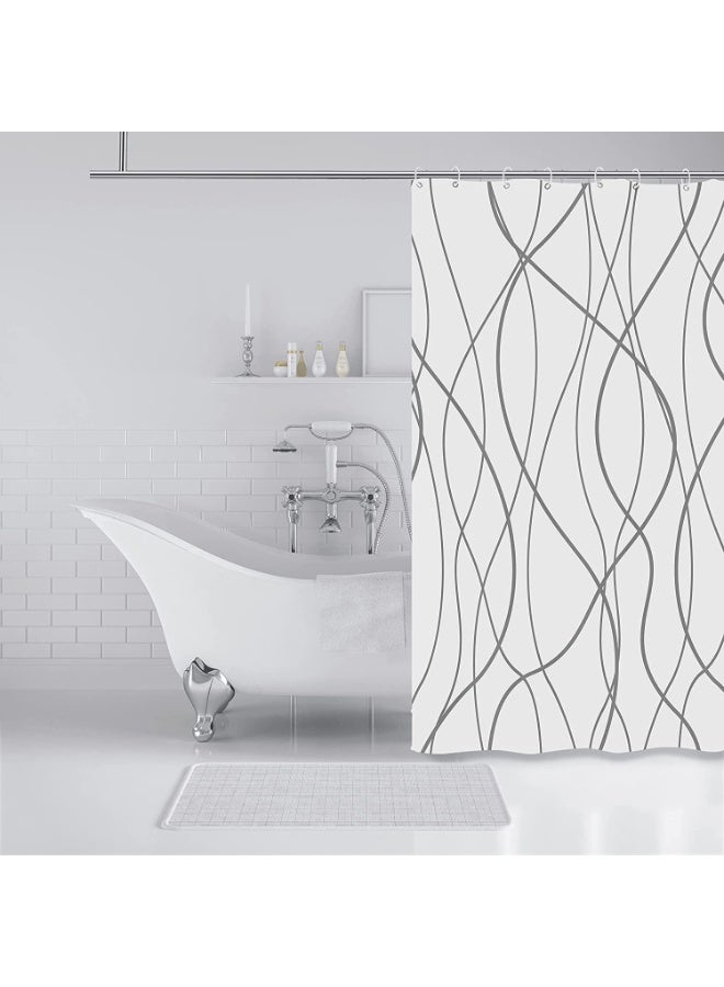 Shower Curtain, Fabric Shower Curtain for Bathroom, Grey and White Fabric with 12 Hooks, Weighted Hem, Waterproof Bath Accessories Hotel Style, Machine Washable - Image 2