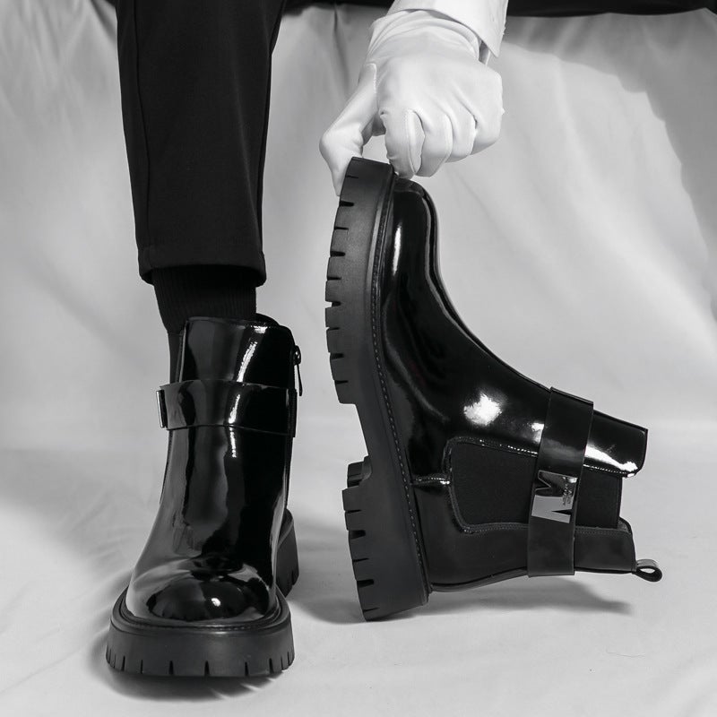 Fashion Buckle Thick-Soled Pointed Leather Boots Large Size Formal Casual Shoes High-Top Leather Shoes Glossy Short Boots Men'S Shoes - Image 3