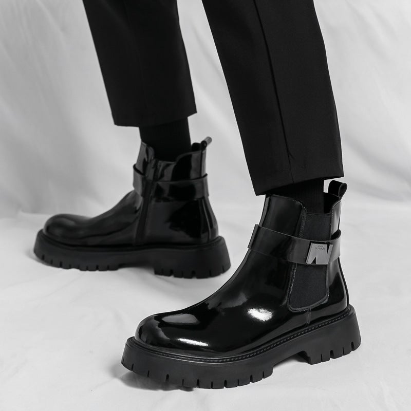 Fashion Buckle Thick-Soled Pointed Leather Boots Large Size Formal Casual Shoes High-Top Leather Shoes Glossy Short Boots Men'S Shoes - Image 2