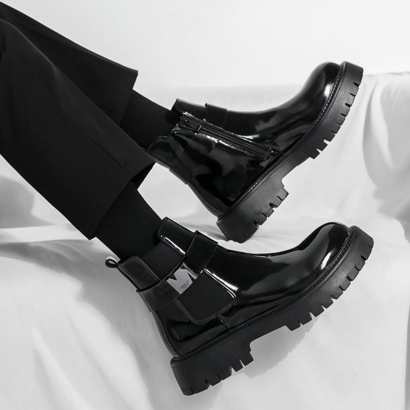 Fashion Buckle Thick-Soled Pointed Leather Boots Large Size Formal Casual Shoes High-Top Leather Shoes Glossy Short Boots Men'S Shoes - Image 4