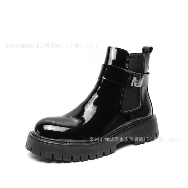 Fashion Buckle Thick-Soled Pointed Leather Boots Large Size Formal Casual Shoes High-Top Leather Shoes Glossy Short Boots Men'S Shoes - Image 1