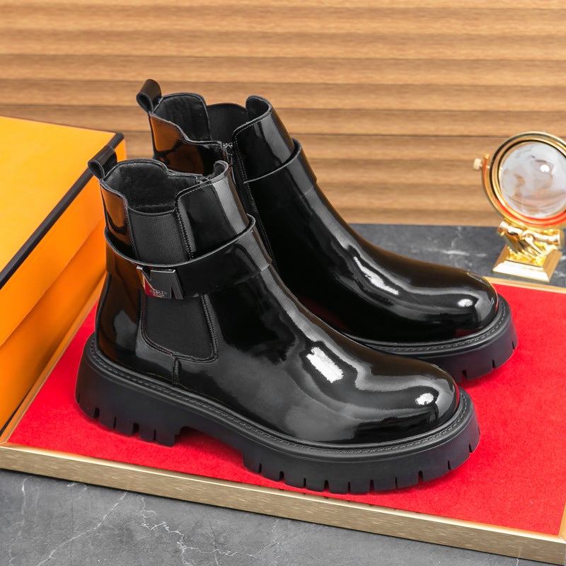 Fashion Buckle Thick-Soled Pointed Leather Boots Large Size Formal Casual Shoes High-Top Leather Shoes Glossy Short Boots Men'S Shoes - Image 5