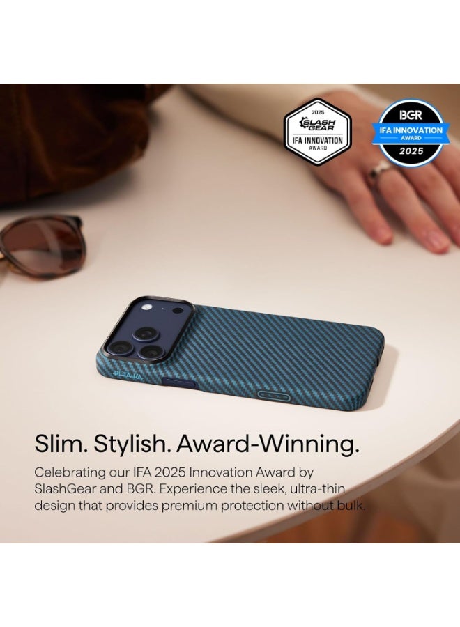 PITAKA غطاء أراميد فايبر من PITAKA لجهاز آيفون 17 برو ماكس 6.9 بوصة - نحيف للغاية وخفيف الوزن وواقٍ مغناطيسي متوافق مع الشحن بتصميم قماش متشابك 1500D - أسود أزرق - Image 5