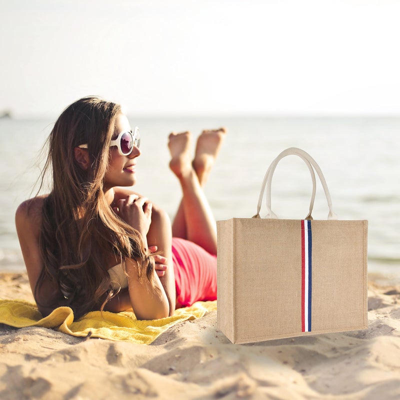 Hibala Woven Large Beach Bag Straw Beach Tote Handmade Weaving Shoulder Tassel Bag Handbag (Tricolor Stripes) - Image 2