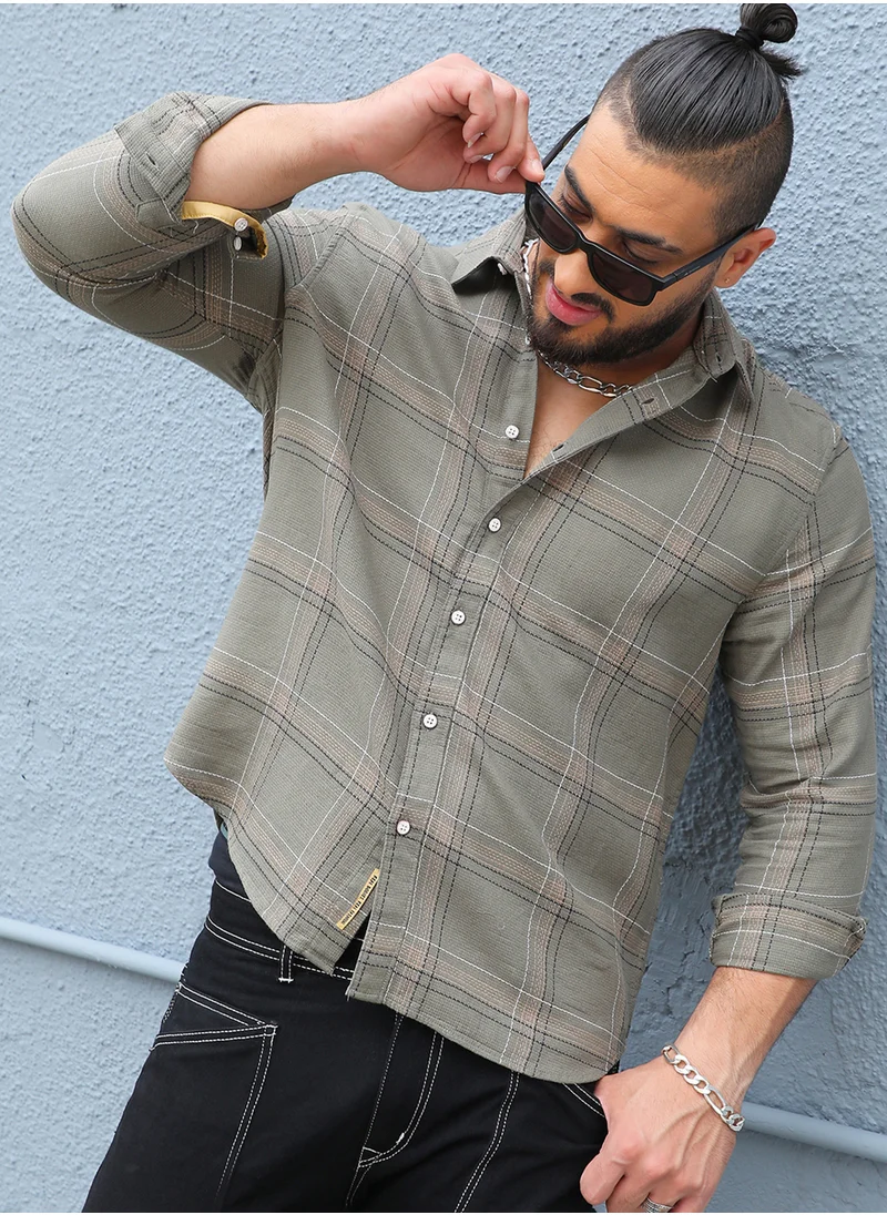 Instafab Plus Instafab Plus Men's Olive Green Maxi Tartan Plaid Shirt For Casual Wear | Spread Collar | Long Sleeve | Button Closure | Cotton Shirt Crafted With Comfort Fit For Everyday Wear