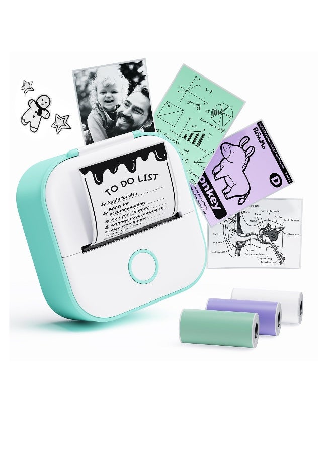 Mini Sticker Printer, T02 Sticker Printer, Sticker Maker Machine, with 3 Rolls Paper, Pocket Sticker Printer Machine for Kids, Anatomy Flashcards, Journal, Photos, Notes, Kids Gift, Green - Image 1