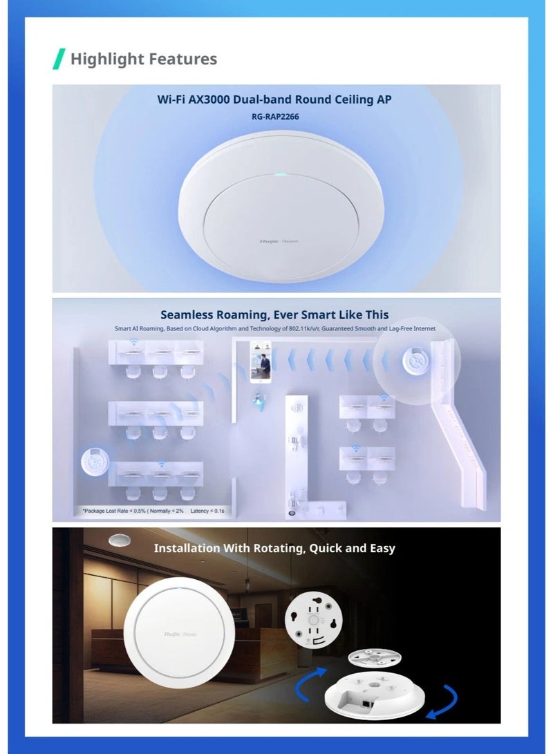 Ruijie RG-RAP2266, Reyee Wi-Fi 6 AX3000 Indoor Ceiling-Mount Access Point - Image 4