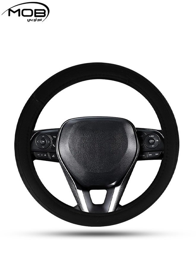 موب غطاء عجلة قيادة سيارة عالمي 38 سم - مقبض جلدي فاخر مضاد للانزلاق، حشوة ناعمة، خياطة متينة، مناسب لجميع المواسم، يناسب معظم السيارات وسيارات الدفع الرباعي والشاحنات - Image 2