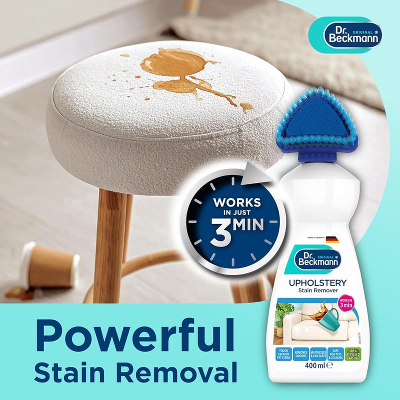 2 in 1 Upholstery Stain Remover with Soft Brush Suitable for Cloth Car Seats & Mattress-Removes Stains & Odours- OXY & Anti-Odour Formula-Made in Germany-400 ML * 2 - Twin value Pack - Image 4