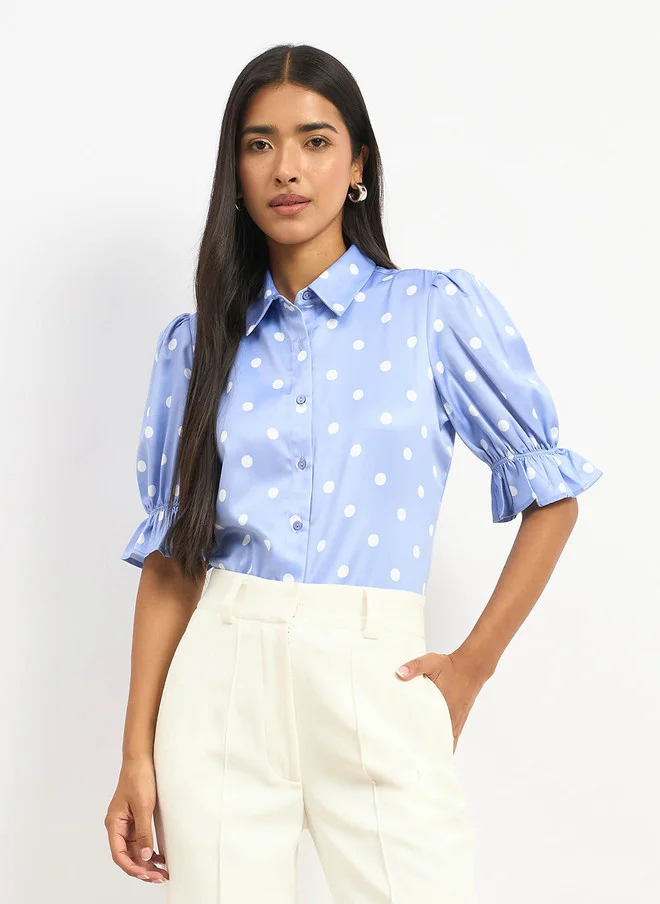 سولت اتاير SALT ATTIRE Smart Polka Dot Puff Sleeves Formal Shirt