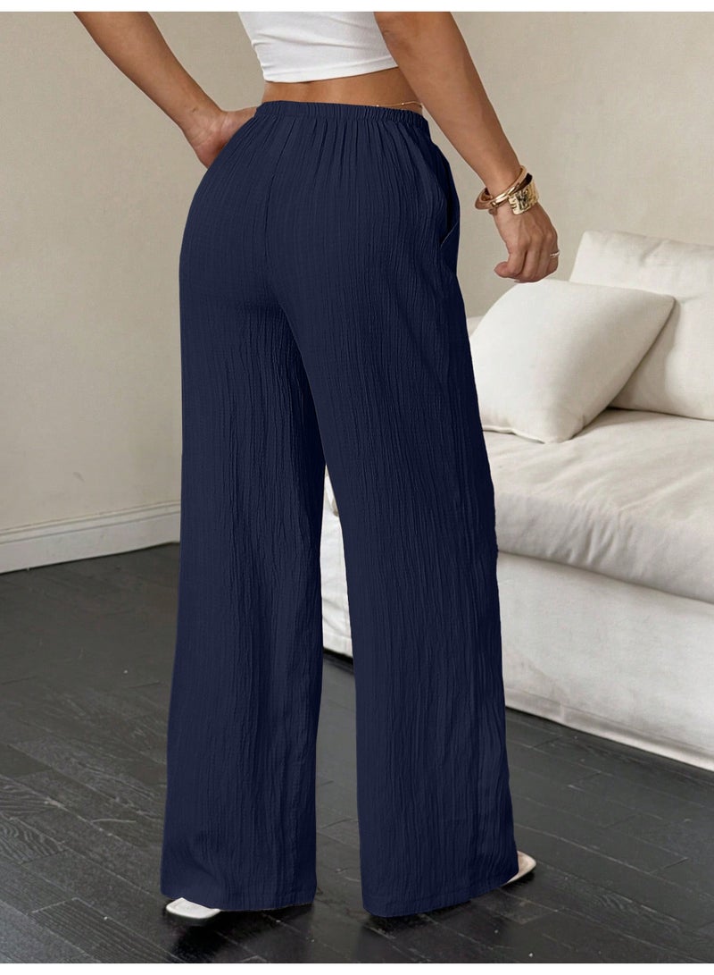 general 2025-2026 Women's casual solid-textured fabric knotted waist slant pocket wide-leg pants - Image 2
