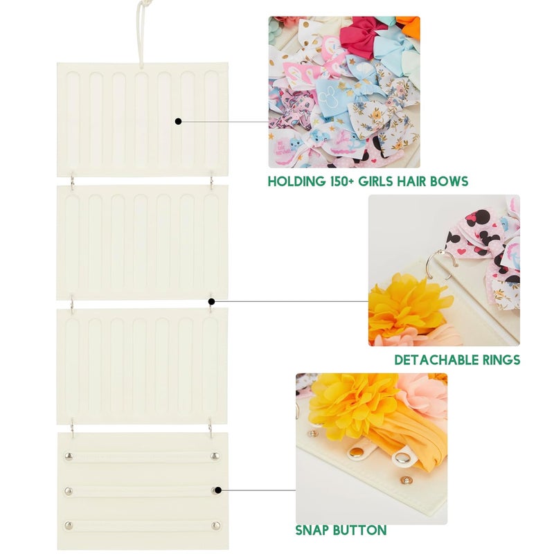 HUHYNN Bow Organizer for Baby Girls Hanging Hair Bow Holder Organizer Hair Accessories Storage for Hair Clips Hair Bows Headbands Hair Claws and More4Panel Beige - Image 3