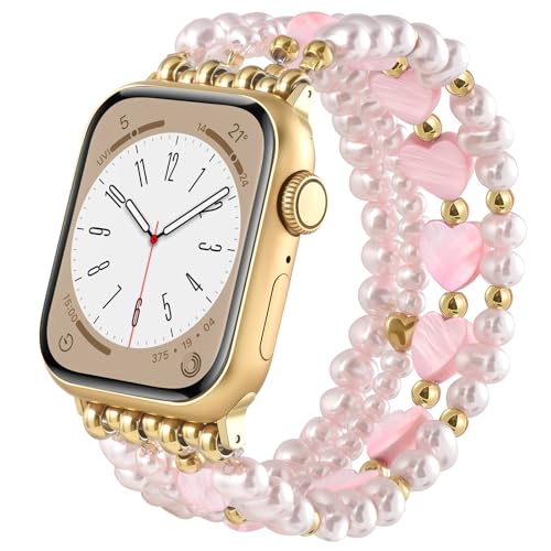 AIRSPO Gold Beaded Bracelets Compatible for Apple Watch Band 38mm 40mm 41mm 42mm 44mm 45mm 46mm Women Fashion Handmade Dressy iPhone Watch Bands Stainless Steel Beads Elastic Strap for iWatch Series 11 10 9 SE 8 7 6 5 4 3 2 1 Pink Heart 38mm40mm41mmS5362 - Image 1