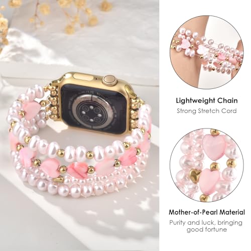 AIRSPO Gold Beaded Bracelets Compatible for Apple Watch Band 38mm 40mm 41mm 42mm 44mm 45mm 46mm Women Fashion Handmade Dressy iPhone Watch Bands Stainless Steel Beads Elastic Strap for iWatch Series 11 10 9 SE 8 7 6 5 4 3 2 1 Pink Heart 38mm40mm41mmS5362 - Image 3