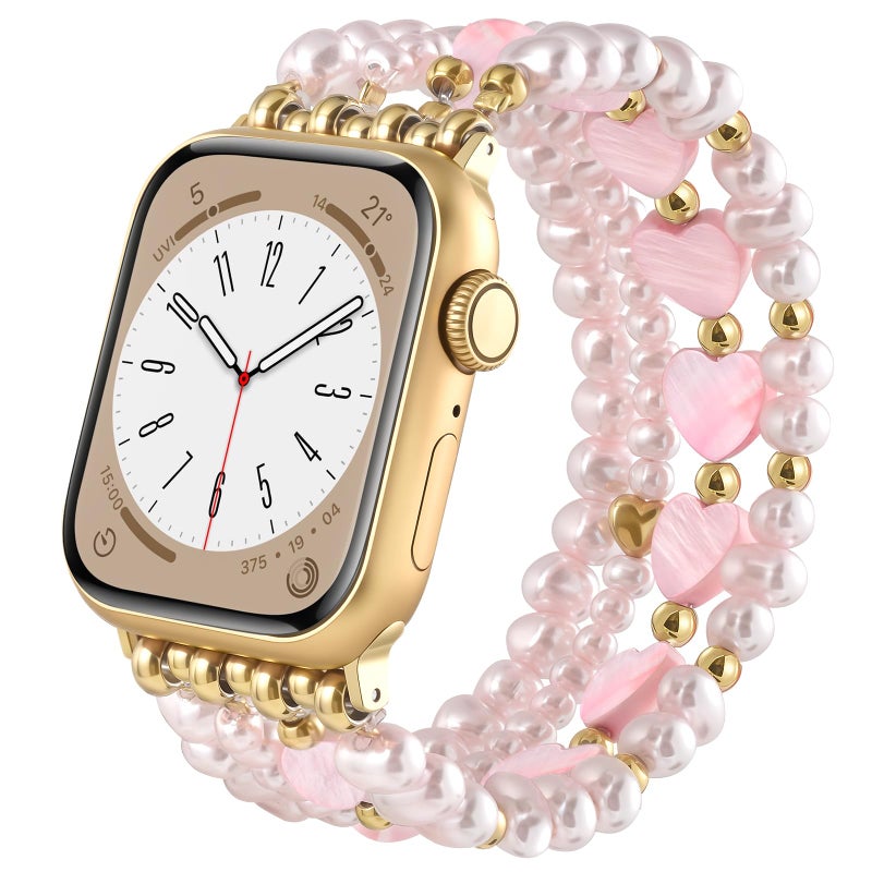 AIRSPO Gold Beaded Bracelets Compatible for Apple Watch Band 38mm 40mm 41mm 42mm 44mm 45mm 46mm Women Fashion Handmade Dressy iPhone Watch Bands Stainless Steel Beads Elastic Strap for iWatch Series 11 10 9 SE 8 7 6 5 4 3 2 1 Pink Heart 38mm40mm41mmS5362 - Image 2
