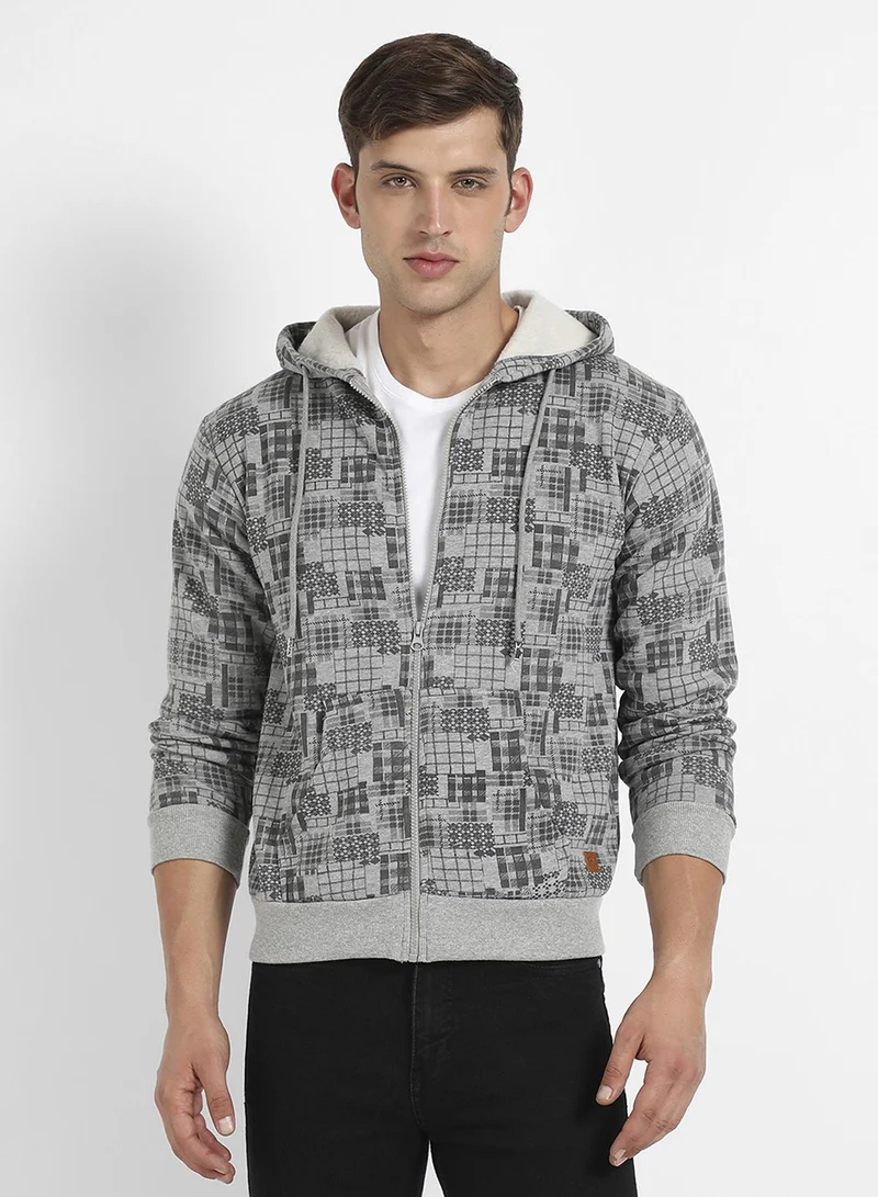 Campus Sutra Men's Coin Grey Check-Block Zip-Front Hoodie