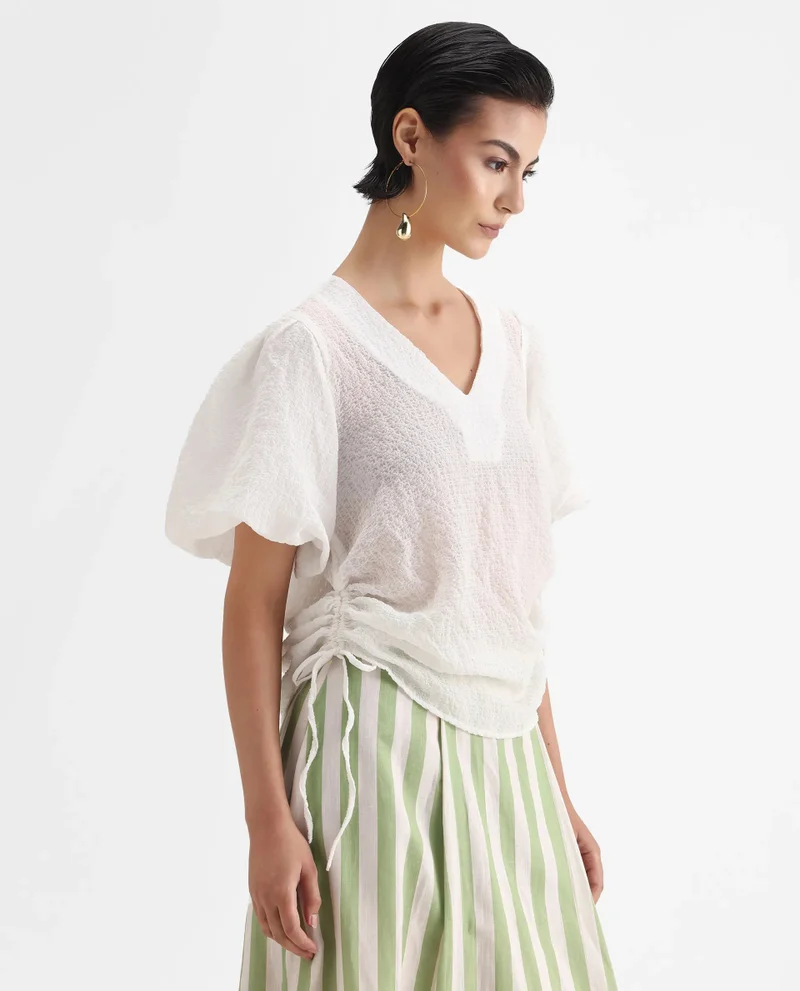 Rareism Women's Balloon Sleeve V-Neck Plain Top
