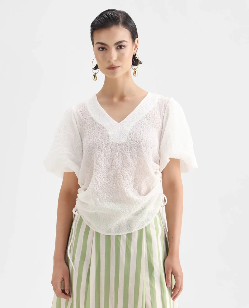 Rareism Women's Balloon Sleeve V-Neck Plain Top