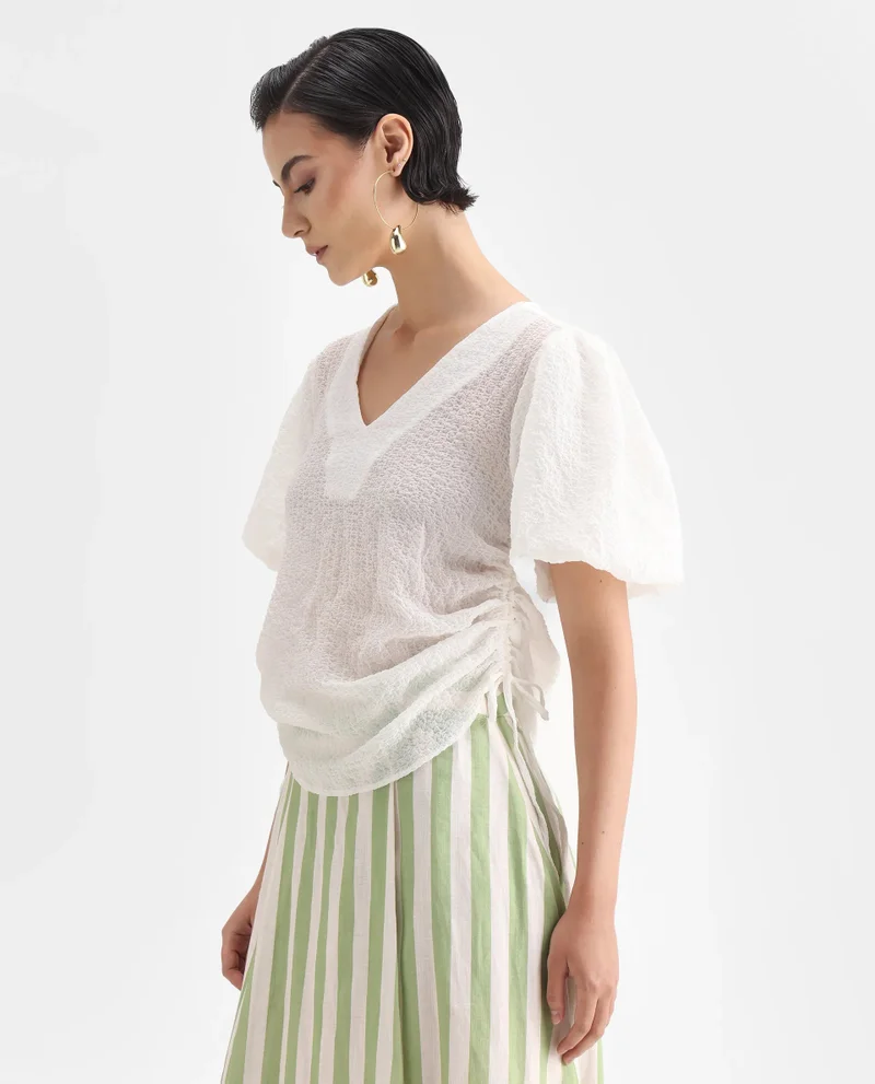 Rareism Women's Balloon Sleeve V-Neck Plain Top