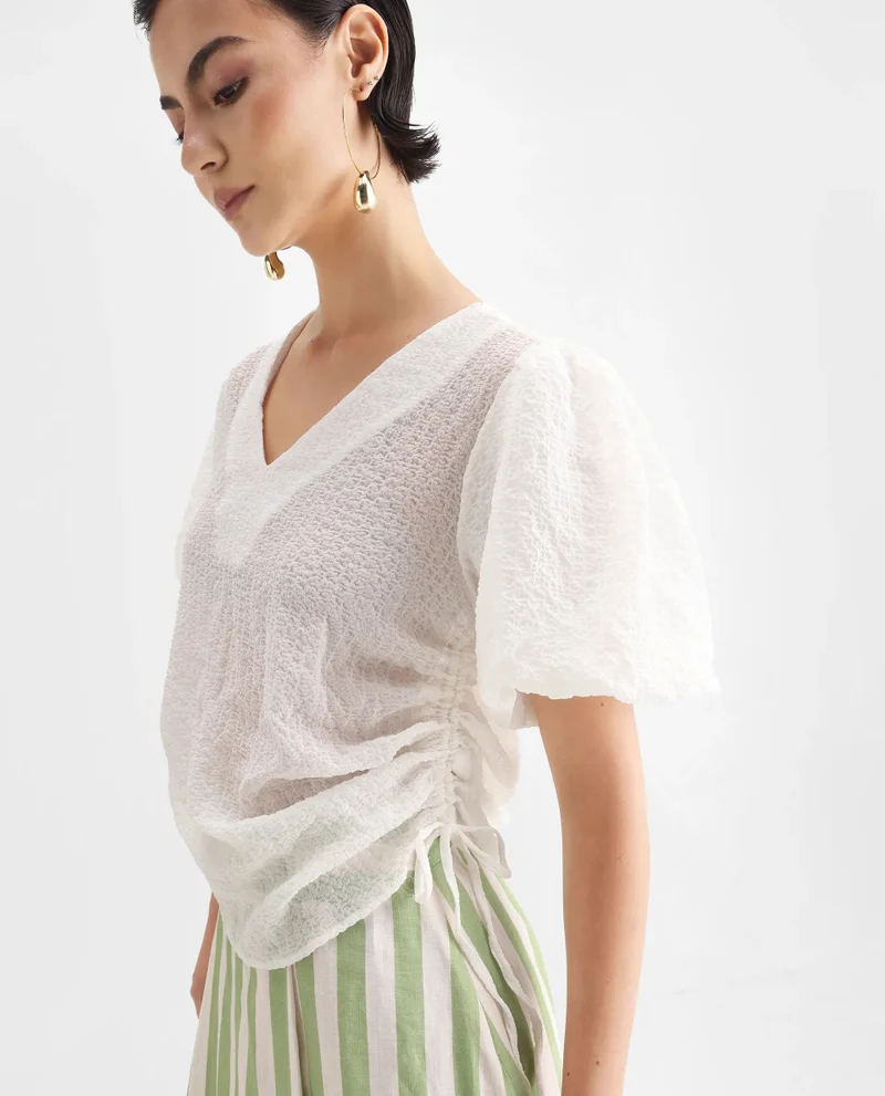 Rareism Women's Balloon Sleeve V-Neck Plain Top