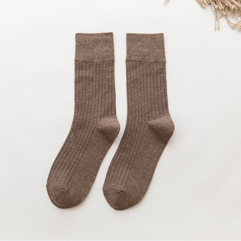 Vintage Pure Color Stripe Cotton Mid-Calf Socks Brown