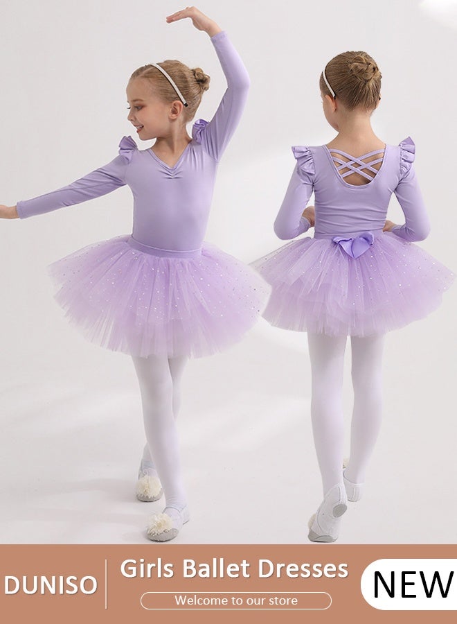 DUNISO فساتين باليه للبنات، ليؤتارد، فساتين رقص توتو نحيفة بأكمام طويلة، فستان رقص باليرينا توتو، فستان قطن، تنورة باليه، فساتين أميرة تنورة صغيرة، ملابس رقص للبنات الصغيرات - Image 1