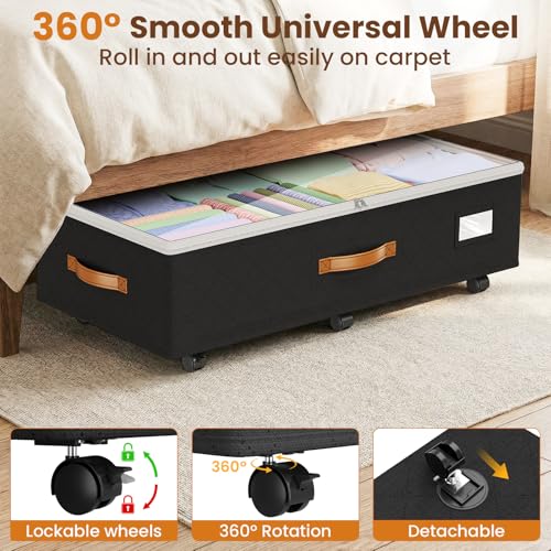 Budding Joy Under Bed Storage with Wheels 2Pack, 80L Height Adjustable Underbed Containers with Clear Lids, Rolling Under Bed Shoe Storage Organizer for Dorm Home Clothes, Blankets, Toys, Black - Image 3
