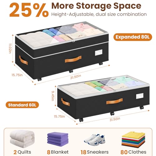 Budding Joy Under Bed Storage with Wheels 2Pack, 80L Height Adjustable Underbed Containers with Clear Lids, Rolling Under Bed Shoe Storage Organizer for Dorm Home Clothes, Blankets, Toys, Black - Image 2