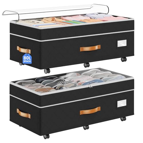 Budding Joy Under Bed Storage with Wheels 2Pack, 80L Height Adjustable Underbed Containers with Clear Lids, Rolling Under Bed Shoe Storage Organizer for Dorm Home Clothes, Blankets, Toys, Black - Image 1