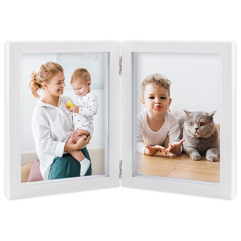 AEVETE 5x7 Double Picture Frames Hinged Wood Folding Picture Frames Vertically Display with Real Glass Front White