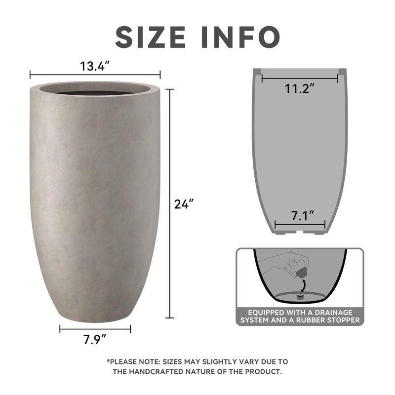 Kante 24 Inch Tall Round Concrete Planter, Large Indoor Outdoor Plant Pots with Drainage Hole and Rubber Plug, Modern Decorative Garden Pots for Home Patio Porch, Weathered Concrete - Image 2