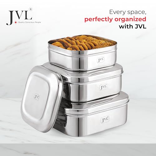 JVL Square Stainless Steel Container, Airtight Steel Canister with See-Through Lid, Stackable Food-Grade Kitchen Storage Box for Snacks, Rice & Flour (900 ml, Mini) - Image 2