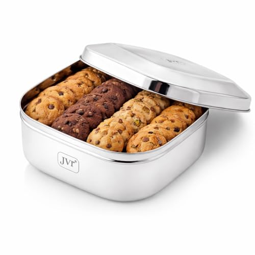 JVL Square Stainless Steel Container, Airtight Steel Canister with See-Through Lid, Stackable Food-Grade Kitchen Storage Box for Snacks, Rice & Flour (900 ml, Mini) - Image 1
